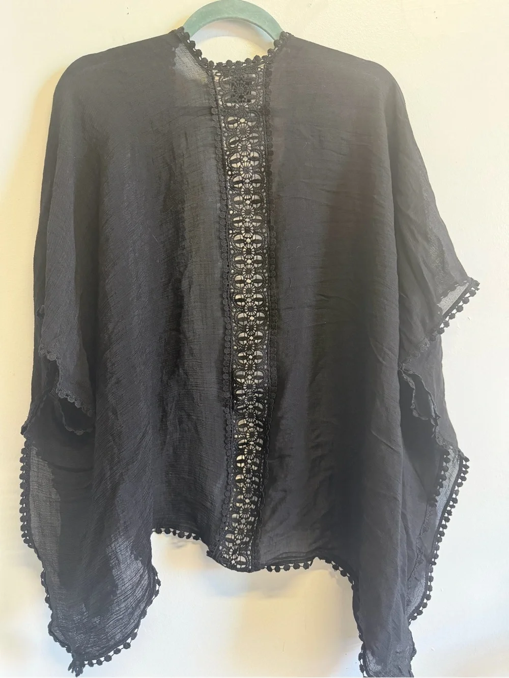 Steve Madden Black Lace Trim Sheer Kimono Cover Up One Size Boho Festival